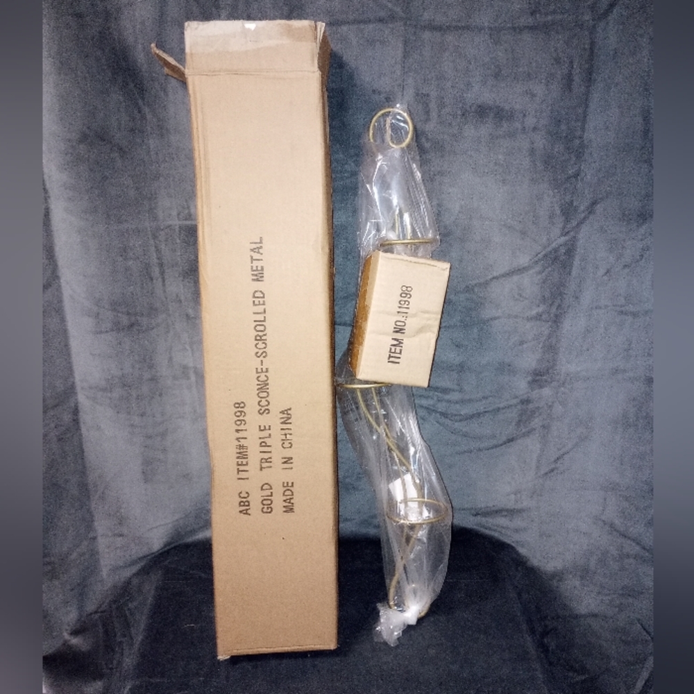 Vintage 90s 26" Vertical Gold Triple Sconce Scrolled Metal Candle Holder NWT